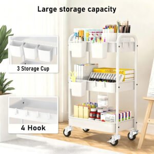 Multifunctional Rolling Metal Shelf – 3-Level Storage Organizer for Kitchen, Bath, & Office (White)