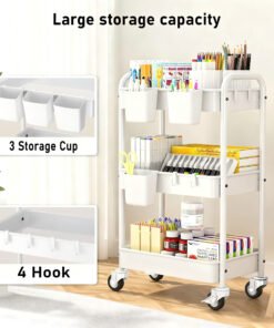 Multifunctional Rolling Metal Shelf – 3-Level Storage Organizer for Kitchen, Bath, & Office (White)