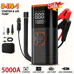 5000A Peak 12V Car Jump Starter & Air Compressor – Emergency Power Station with a Storage Bag