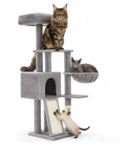 Multi-Level Cat Tree Tower with Cozy Cave, Scratching Posts & Washable Perch – Light Gray