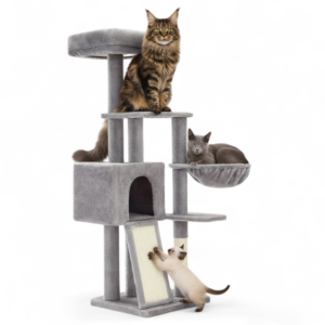 Multi-Level Cat Tree Tower with Cozy Cave, Scratching Posts & Washable Perch – Light Gray